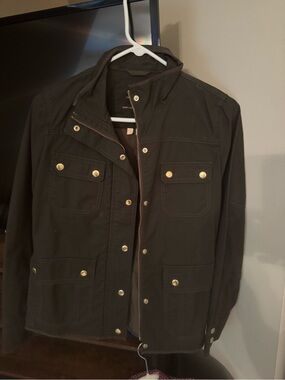 J.Crew Black Utility Field Jacket Gold Snap Zip Front Size S